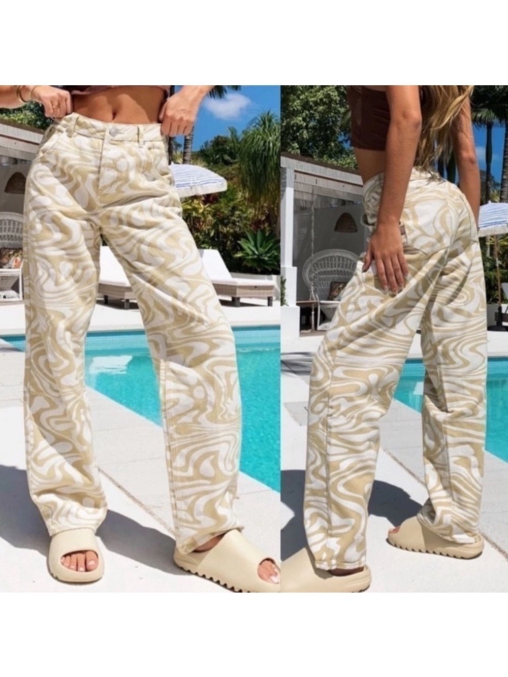 Tiger Mist Sergio Wide Leg Jeans in Tan Swirl Print